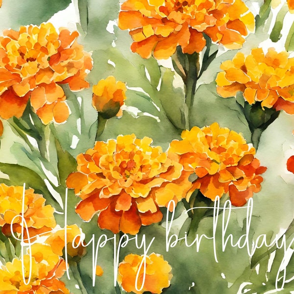 tarjeta cumpleaños, tarjeta floral, calendulas, flor de nacimiento para nacidos en Octubre, flores acuarela amarillas, nacimiento Octubre