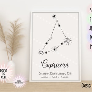 Capricorn Zodiac Sign, Zodiac Constellation, Horoscope svg, Zodiac sign for printing or cutting, Astrology clipart, Celestial art.