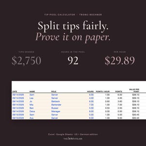 May include: A digital tip pool calculator template with the text Split tips fairly. Prove it on paper. It displays totals of $2,750, 92 hours, and $29.89 per hour above a spreadsheet table listing dates, names, roles, hours, and points.