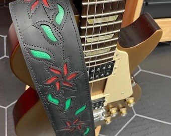 Handcrafted Flowering Vine Leather Guitar Strap - Levy's 2.5" Wide Vine Pattern Leather Guitar Strap - Black