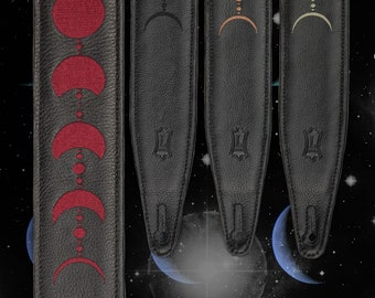 Handcrafted Moon Phases Guitar Strap - Levy's Leathers 2.5" Padded Garment Leather Guitar Strap - Black, Burgundy, Brown, Green