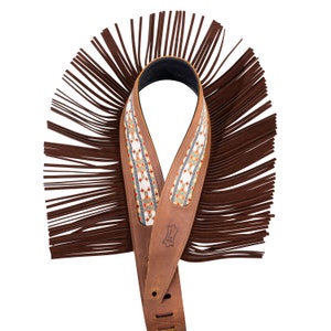 Handcrafted Crazy Horse Leather Guitar Strap - Levy's Leathers 2.5" Crazy Horse Leather Strap with Fringe Detail - Brown with Western Print