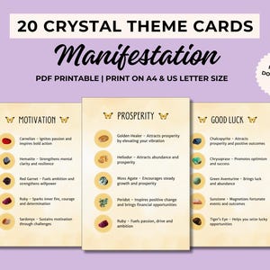 20 tarjetas imprimibles con temas de cristales, cristales para manifestación, tarjeta de cristal, significado de los cristales, tarjetas de manifestación, tarjetas de información de cristales