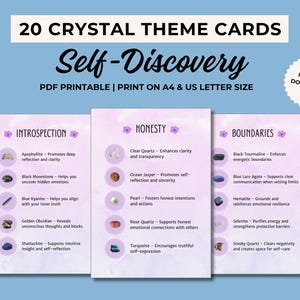 20 tarjetas imprimibles con temas de cristales, cristales para el autodescubrimiento, tarjetas de cristales, significado de los cristales, tarjetas de manifestación, tarjetas de información de cristales