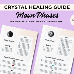 Afdrukbare kristalgids maanfase, maandagboek, maanfasen, gids voor heling van kristallen, referentiekaart kristal, edelstenen, astrologie