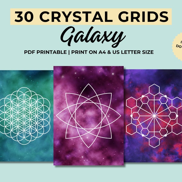 30 Printable Crystal Grid Templates, Galaxy Crystal Grids, Sacred Geometry, Printable Crystal Grids, Crystal Grid Pattern, Crystal Healing