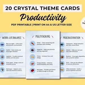 20 tarjetas imprimibles con temas de cristales, cristales para la productividad, tarjetas de cristales, significado de los cristales, tarjetas motivacionales, tarjetas de información de cristales
