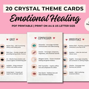 20 tarjetas imprimibles con temas de cristales, cristales para la curación emocional, tarjeta de cristal, significado de los cristales, tarjetas motivacionales, información sobre los cristales