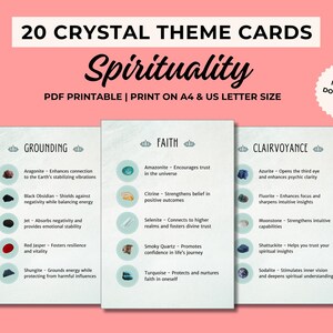 20 tarjetas imprimibles con temas de cristales, cristales para la espiritualidad, tarjetas de cristales, significado de los cristales, tarjetas motivacionales, tarjetas con información sobre cristales