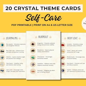20 tarjetas imprimibles con temática de cristales, cristales para el autocuidado, tarjeta de cristal, significado de los cristales, tarjetas motivacionales, información sobre los cristales