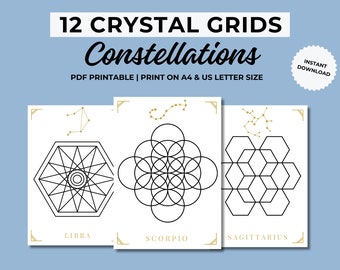 12 Constellation Printable Crystal Grid Templates, Zodiac Crystal Grids, Sacred Geometry, Printable Crystal Grids, Crystal Grid Patterns