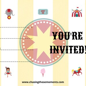Circus Theme Invitations - Printable, Fill-in, 4x5