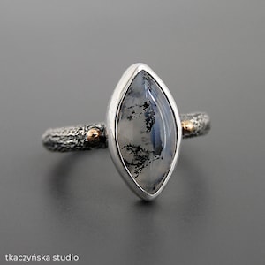 Dendritic Agate Ring: Raw Texture Sterling Silver & 14k Gold Woodland Ring