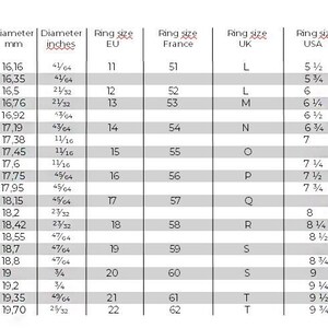 May include: Ring size chart with measurements in millimeters, inches, and ring sizes for EU, France, UK, USA, Germany, and Japan. The chart includes circumference and diameter measurements for easy ring sizing.