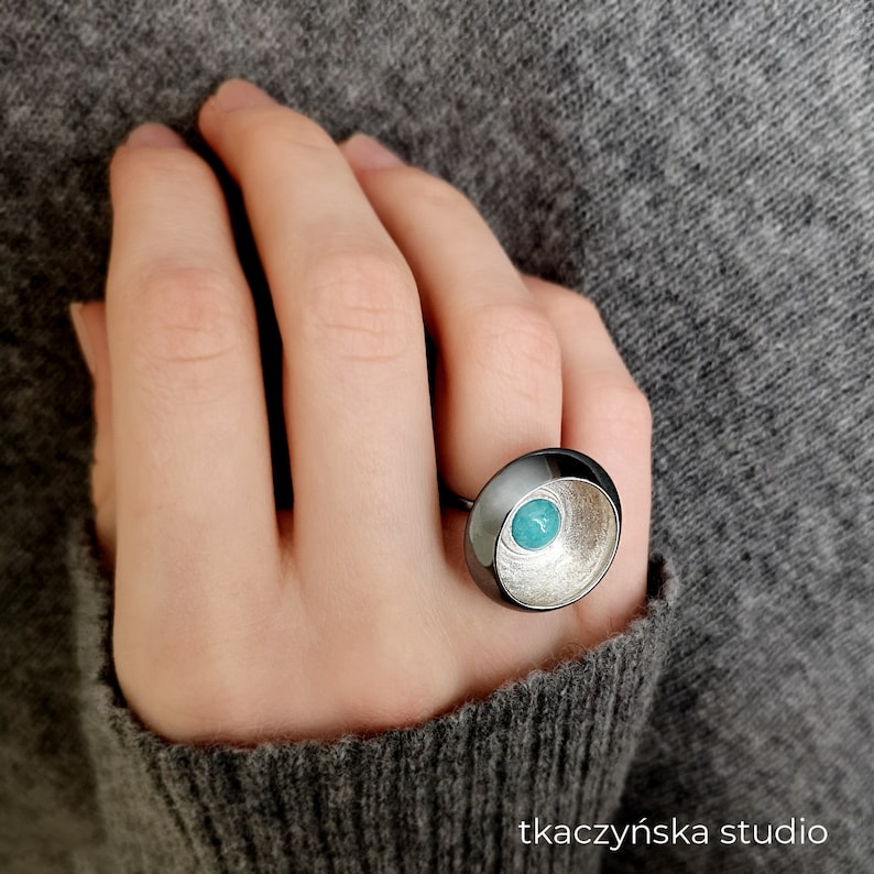 Contemporary Black and Blue Ring Black and Silver Amazonite Ring Original Modern Black Ring Contrasts Three Colors Ring