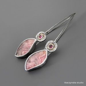 Rhodochrosite Garnet Dangle Earrings: Sterling Silver Mixmetal Statement