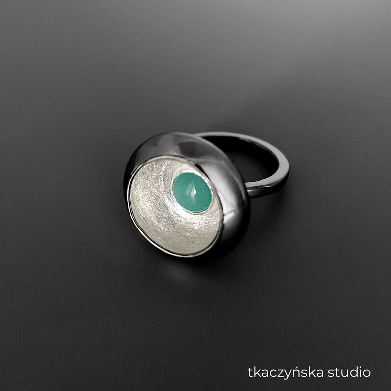 Contemporary Black and Blue Ring Black and Silver Amazonite Ring Original Modern Black Ring Contrasts Three Colors Ring