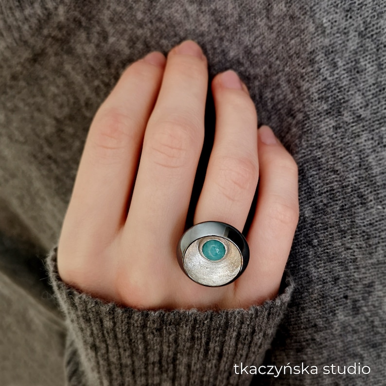 Contemporary Black and Blue Ring Black and Silver Amazonite Ring Original Modern Black Ring Contrasts Three Colors Ring
