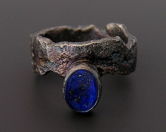 Raw Lapis Lazuli Sterling Silver Ring: Bohemian Rustic Stone