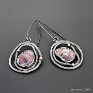 Oxidized Silver & Gold Agate Dangle Earrings: Artisan Brutalist Jewelry