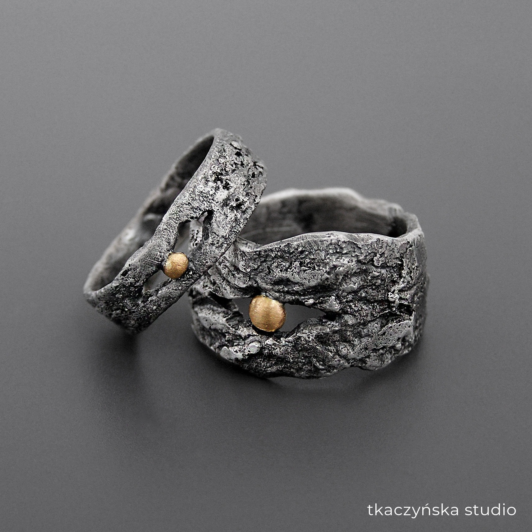 Brutalist Wedding Band Set: Raw Rustical Silver & Gold Tree Bark