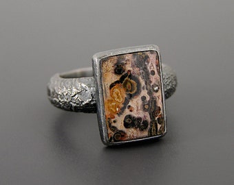 Savanna Landscape, Raw Rectangular Jasper Ring, Pink Beige Green Stone Ring, Edgy Rough Contemporary Ring, Organic Rustic Unique Jasper Ring