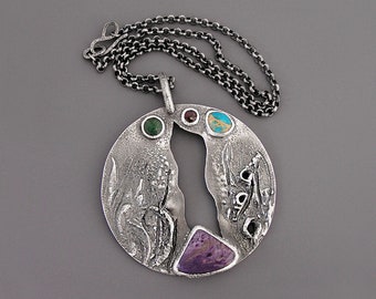 Oxidized Sterling Silver Charoite Pendant Necklace: Garnet, Aventurine & Jasper