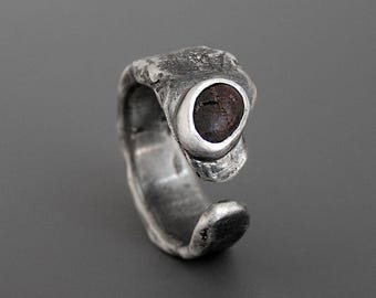 Brutalist Raw Garnet Ring: Forged Sterling Silver, Viking Style