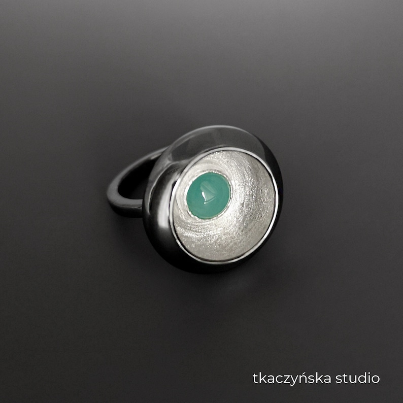 Contemporary Black and Blue Ring Black and Silver Amazonite Ring Original Modern Black Ring Contrasts Three Colors Ring