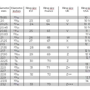 May include: A white chart with ring size conversions. The chart includes measurements in millimeters and inches, along with corresponding ring sizes for EU, France, UK, USA, Germany, and Japan.