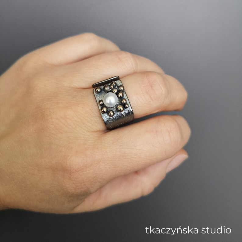 Pearls White Pearl Statement Geometric Ring Sterling Silver Black Ring with Granulation and Pearl Cocktail Square Ring with Pearl