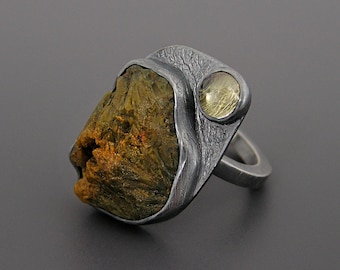 Raw Jasper and Citrine Ring, Rough Gemstone Unique Massive Ring, Organic Pattern Ring, Big Contemporary Rustic Ring, Ready To Wear Jewelry