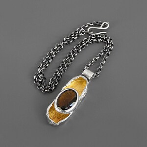 Handcrafted Smoky Quartz Pendant Nacklace: Gilded Sterling Silver, Brutalist Glam