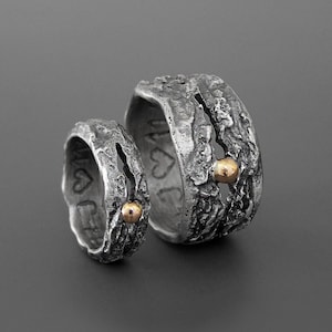 Brutalist Wedding Band Set: Raw Rustical Silver & Gold Tree Bark Rings