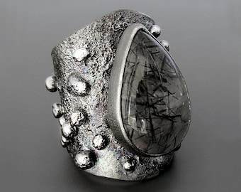 Tourmaline Quartz Sterling Silver Statement Ring - Black Patina, Rock Star Vibes