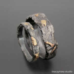 Molten Gold & Silver Wedding Ring Set: Raw Organic Texture, Rustical Style