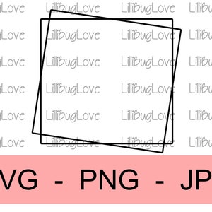 May include: A black and white image of a square frame with a slightly angled edge. The text "SVG - PNG - JPG" is below the frame.