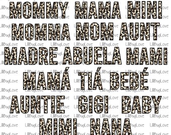 Family Name Leopard Bundle, 17 High Resolution 300 DPI PNG, Mama Leopard, Mini Cheetah, Sublimation, Spanish, Familia, Baby, Gigi, Madre