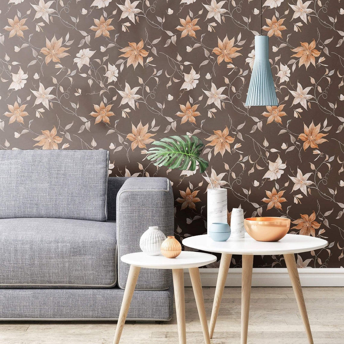 Brown Floral Peel and Stick Removable Wallpaper 7860 | Etsy