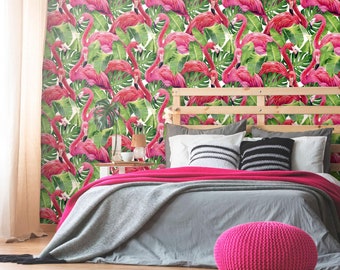 Green and Fuchsia Bird Animal Peel and Stick Removable Wallpaper 3044
