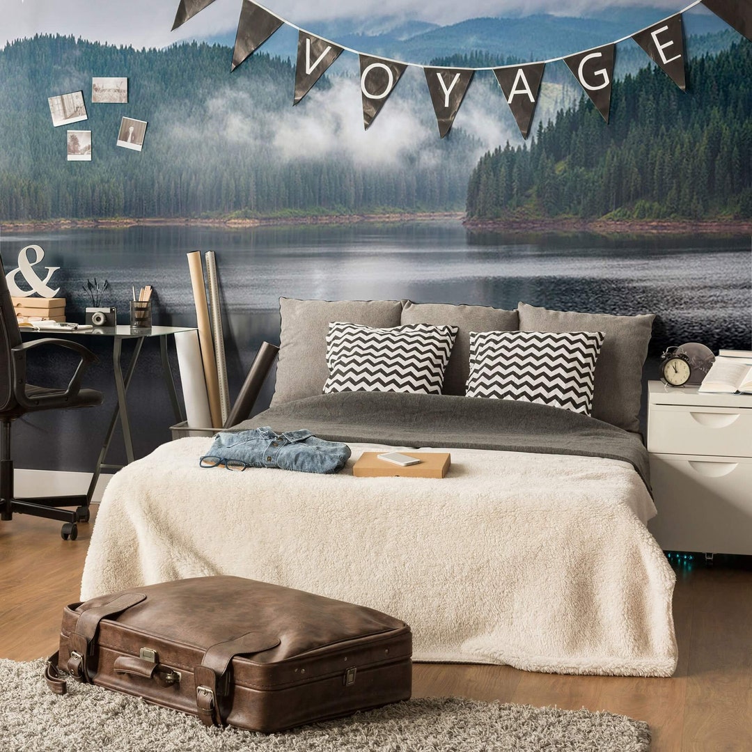 Blue and Green Mountain Landscape Peel and Stick Removable Wall Mural ...