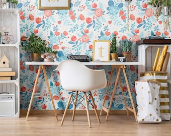 Blue and Orange Floral Peel and Stick Removable Wallpaper 9824