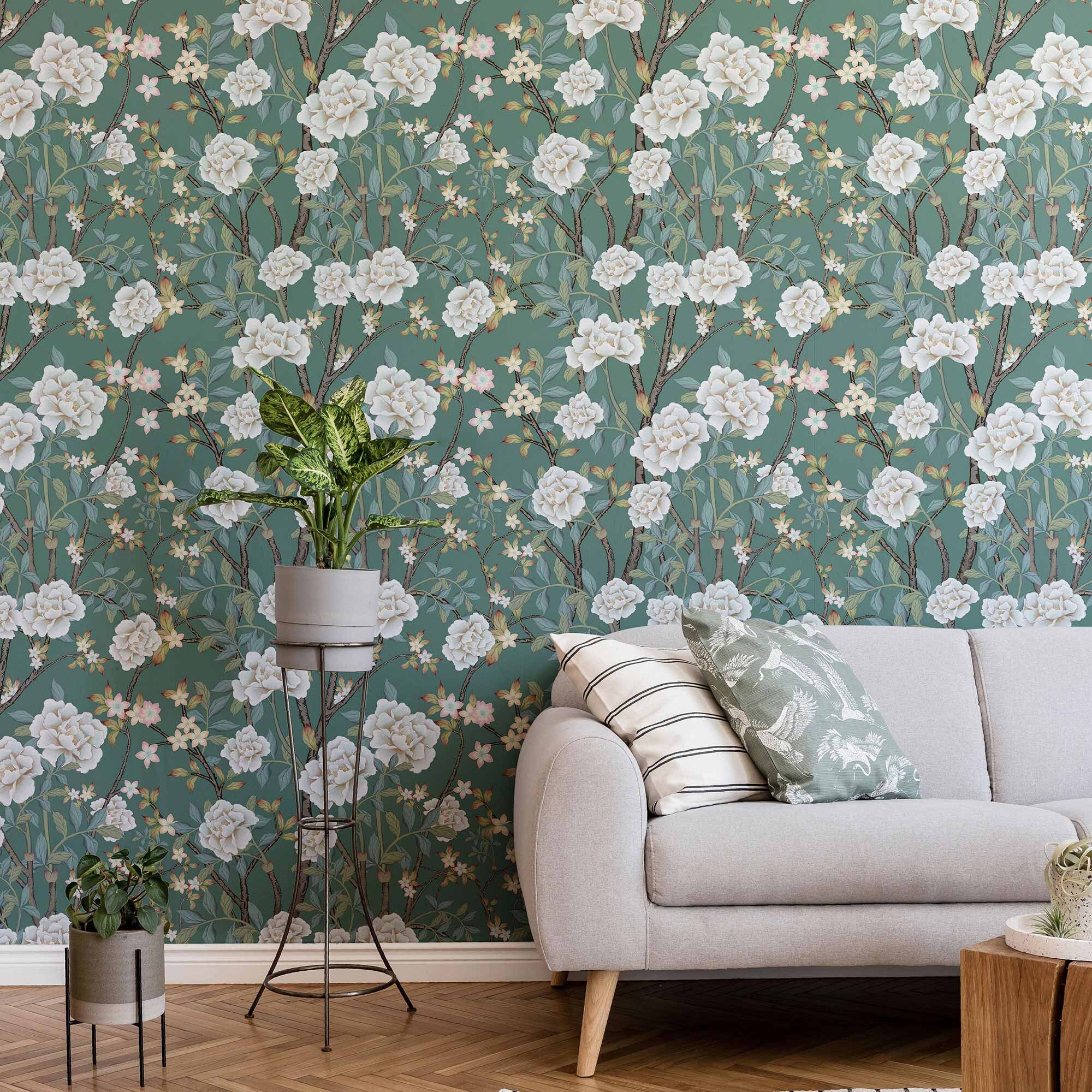 Green Flowers Peel and Stick Removable Wallpaper 2863 | Etsy