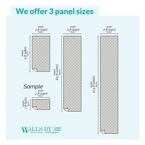 Może przedstawiać: Diagram przedstawiający trzy r&oacute;żne rozmiary zdejmowanych paneli tapety. Panele mają szerokość 60 cm i wysokość 122 cm, 259 cm i 320 cm. Tekst "We offer 3 panel sizes" znajduje się u g&oacute;ry diagramu. Tekst "WALLS BY ME removable wallpaper" znajduje się na dole diagramu.