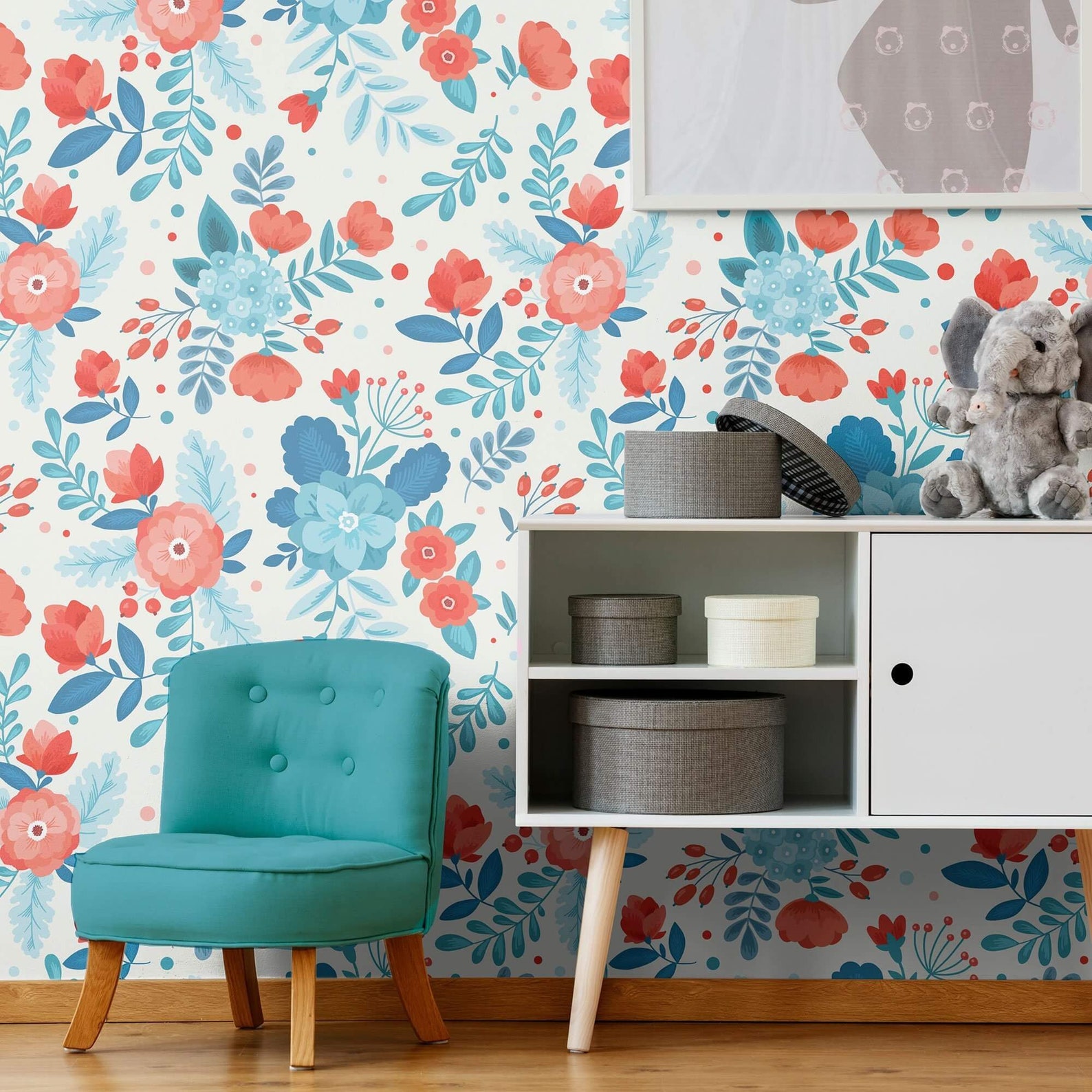 Blue and Orange Floral Peel and Stick Removable Wallpaper 9824 - Etsy UK