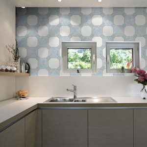 Beige and Blue Tile Tile Adhesive Peel and Stick Removable Wallpaper 2243