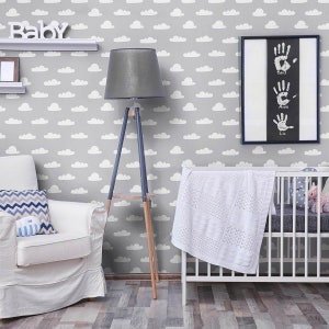 White and Silver Clouds Baby Peel and Stick Removable Wallpaper 0914