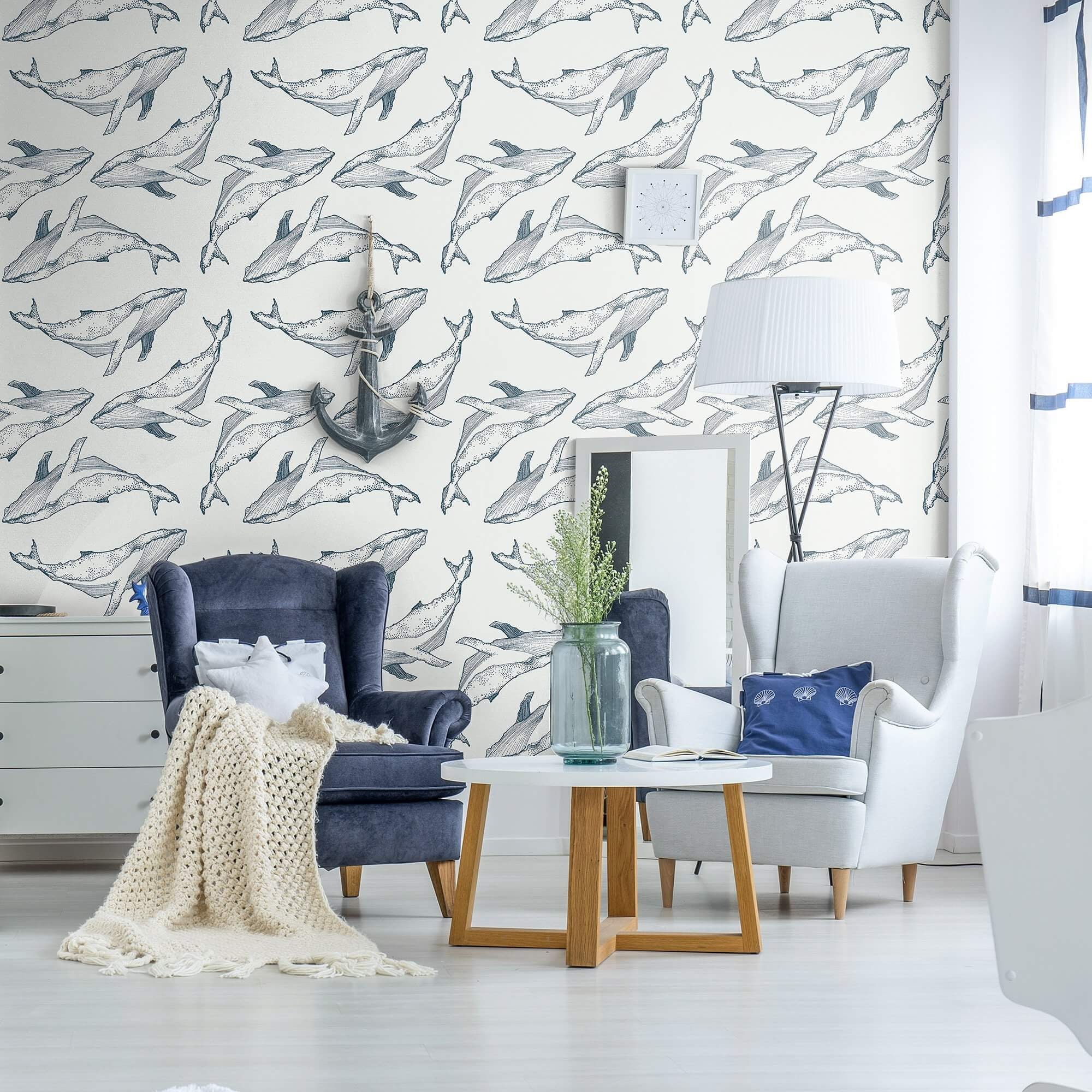 Navy Fish Nautical Peel and Stick Removable Wallpaper 8098