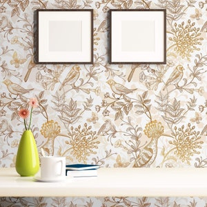 Tan Floral Animal Peel and Stick Removable Wallpaper 2574