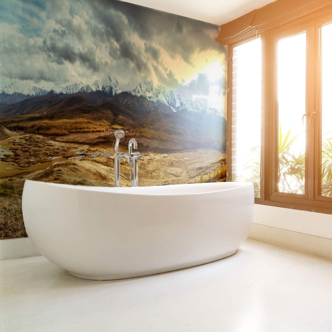 Brown and Green Mountain Landscape Peel and Stick Removable Wall Mural ...